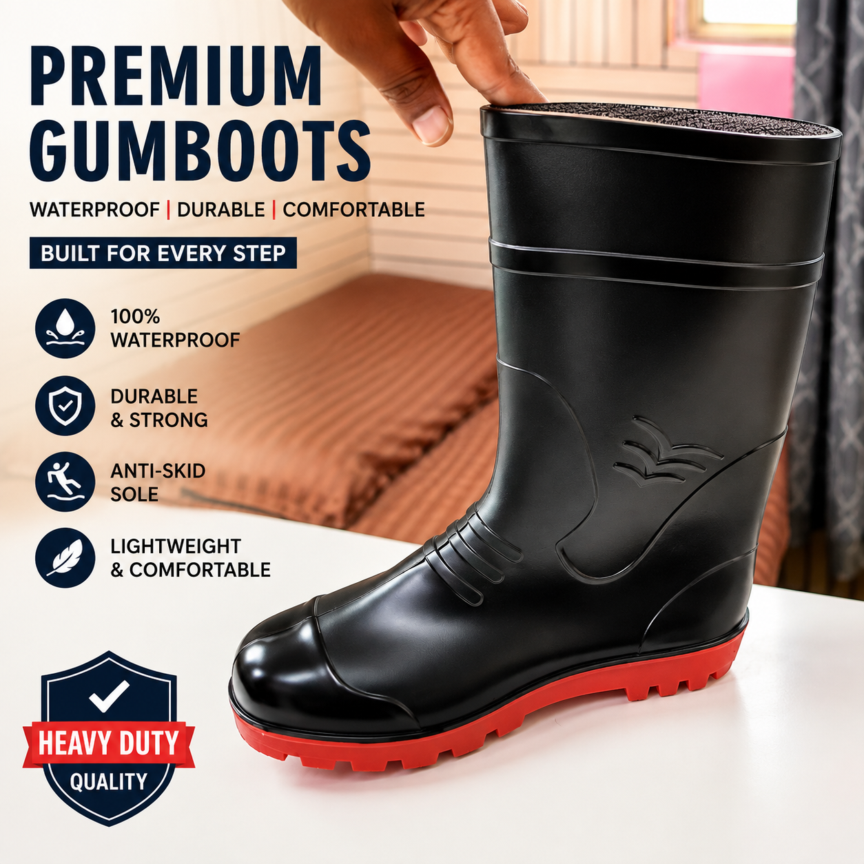 Men's Black PVC Waterproof Rain Boots | Anti-Slip Gumboots