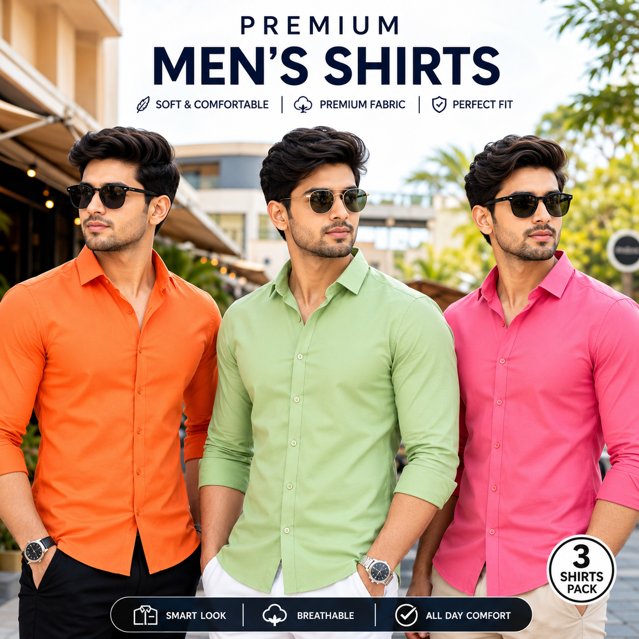 Men’s Premium Solid Cotton Blend Formal Shirts – Pack of 3
