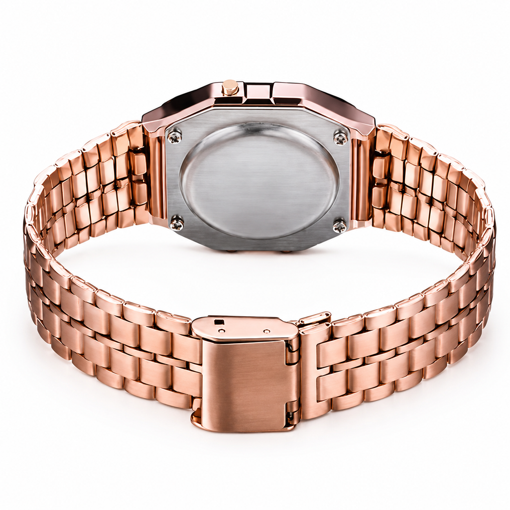 Rose Gold Vintage Digital Watch for Men & Women | Stainless Steel Strap | Alarm, Stopwatch & LED Light