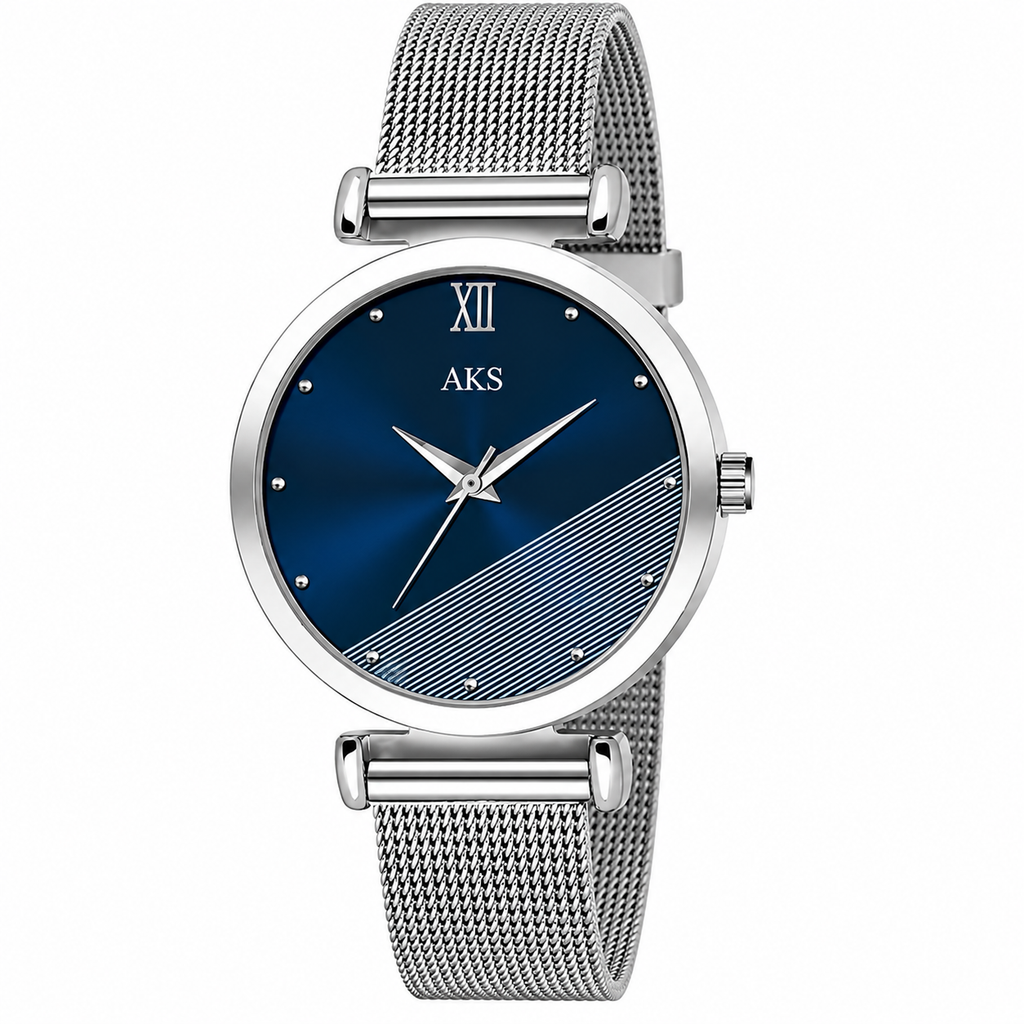 Women’s Elegant Blue Dial Stainless Steel Mesh Band Analog Watch