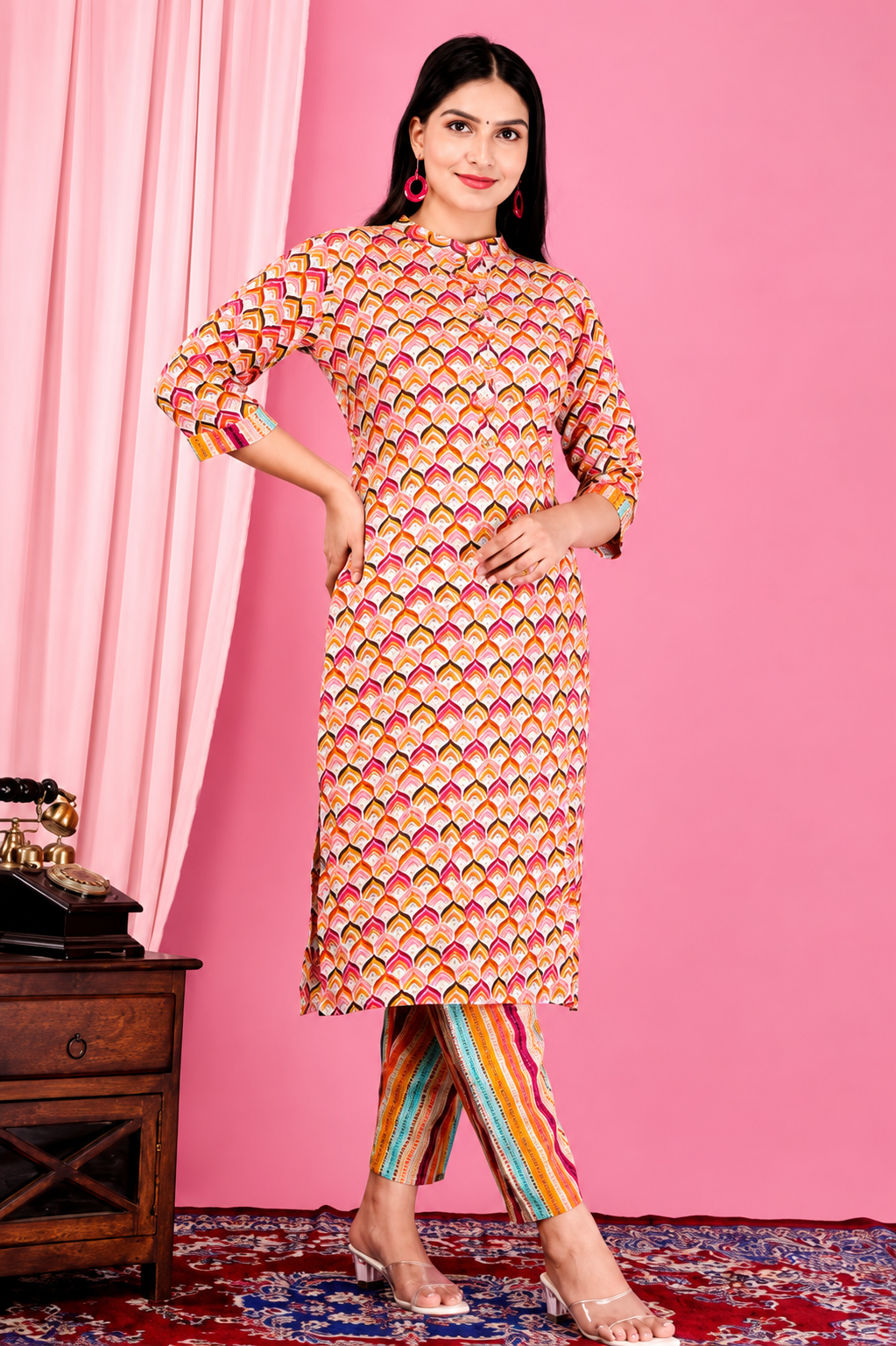 Women's Multicolor Rayon Printed Kurta Pant Set | 3/4 Sleeve Ethnic Wear for Women |