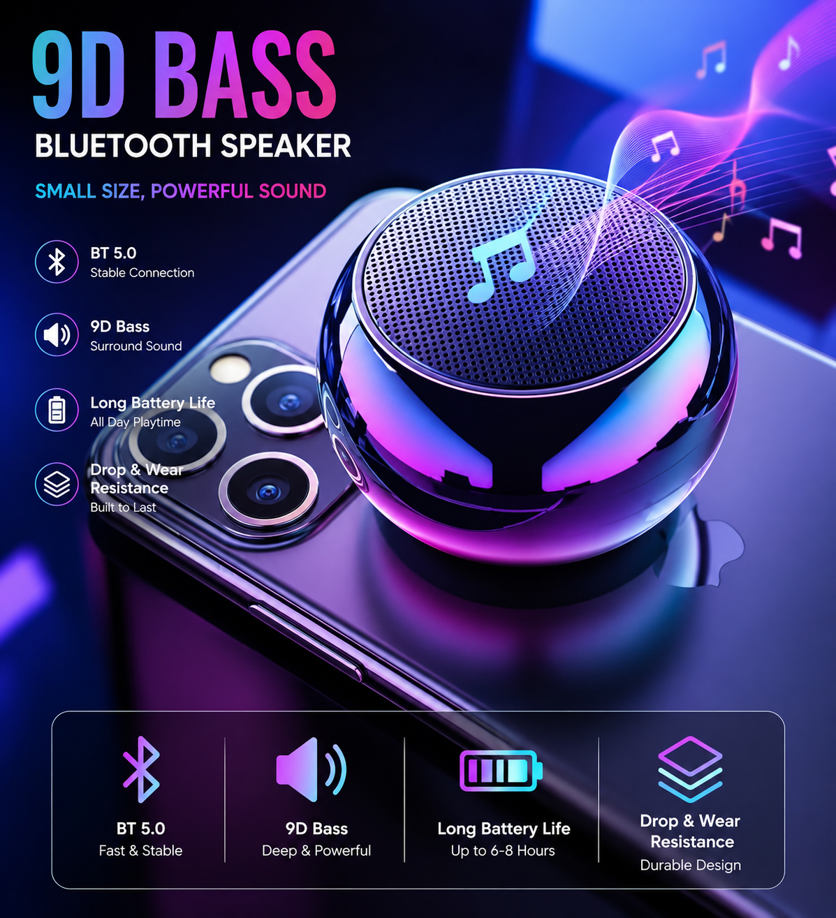 Mini Portable Wireless Bluetooth Speaker with LED Light | Metallic Finish | Type-C Charging