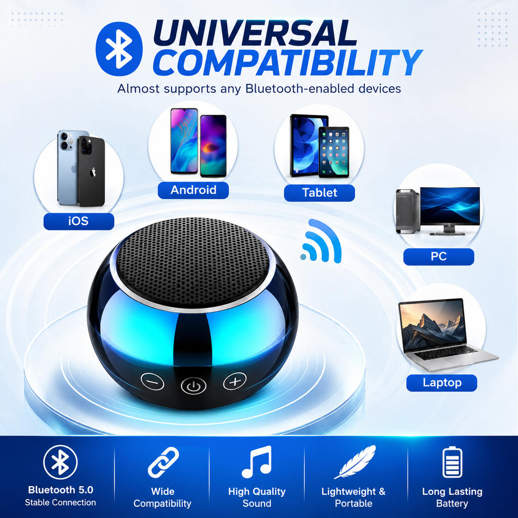 Mini Portable Wireless Bluetooth Speaker with LED Light | Metallic Finish | Type-C Charging
