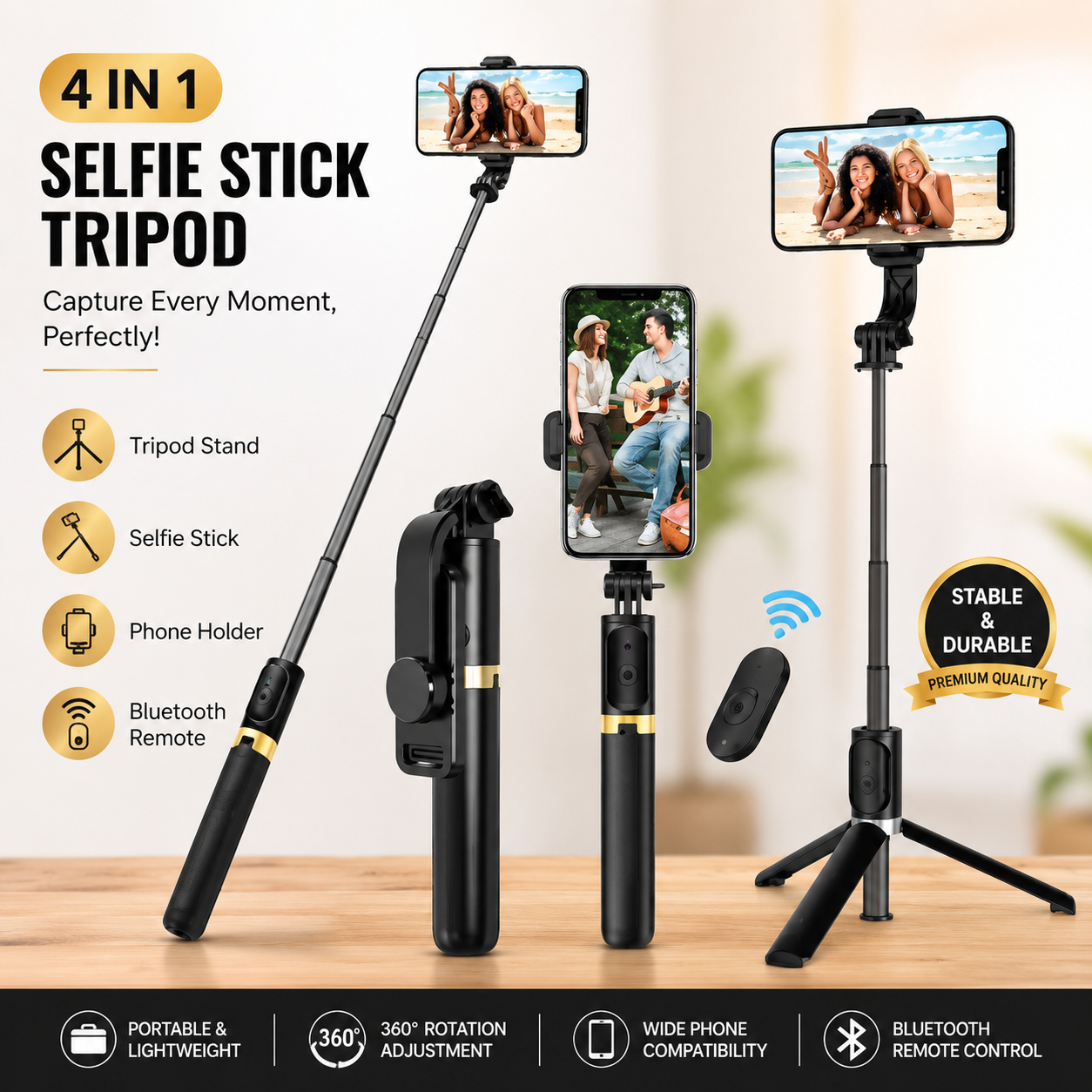 70cm Extendable 3-in-1 Selfie Stick Tripod with Bluetooth Remote
