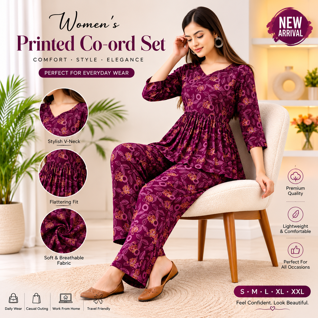 Women’s Purple Printed Rayon Co-Ord Set | Elegant Top & Pyjama Set