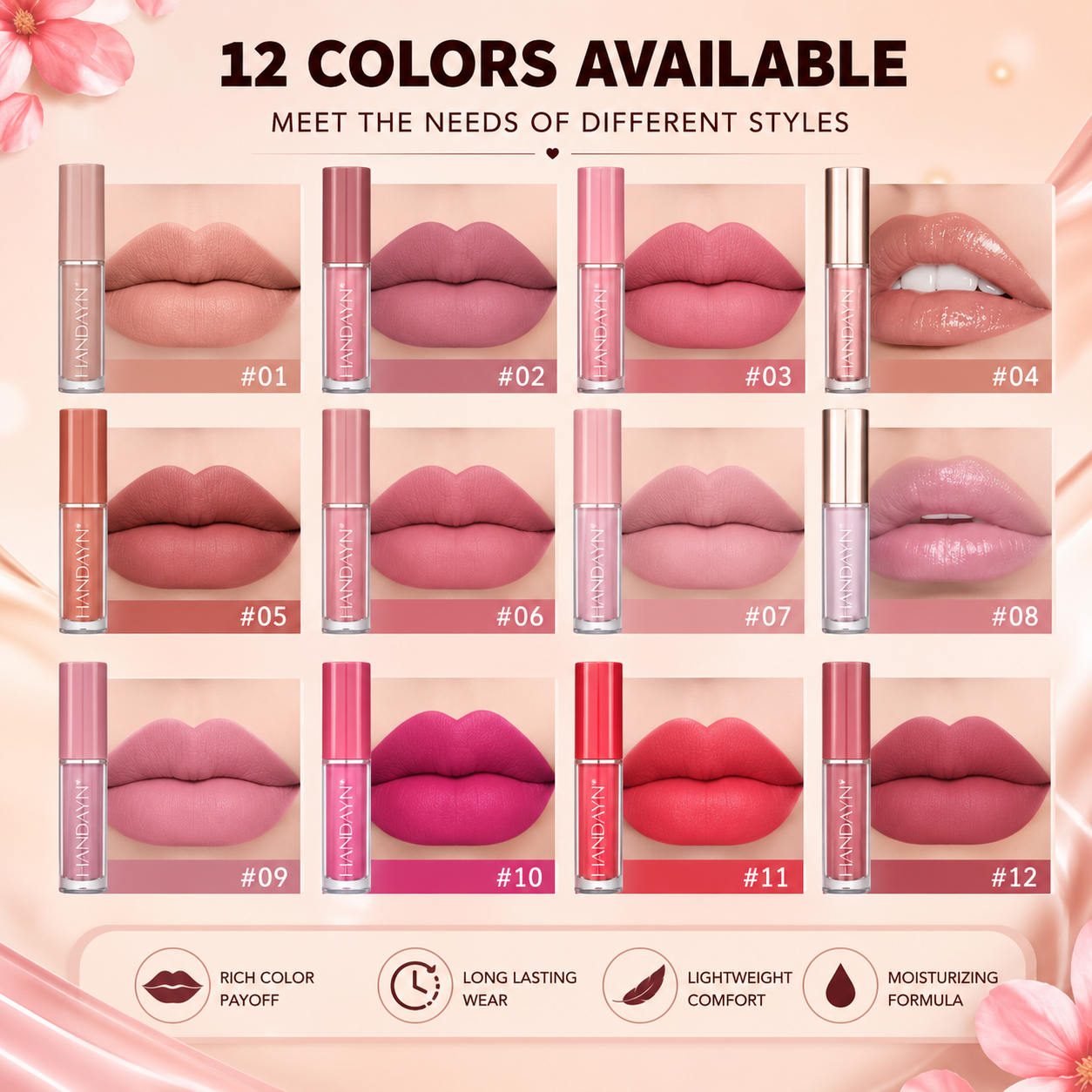Handiyan Waterproof Long-Lasting Lipstick Set – 12 Multicolor Shades