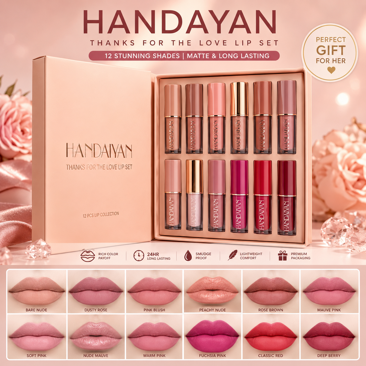 Handiyan Waterproof Long-Lasting Lipstick Set – 12 Multicolor Shades