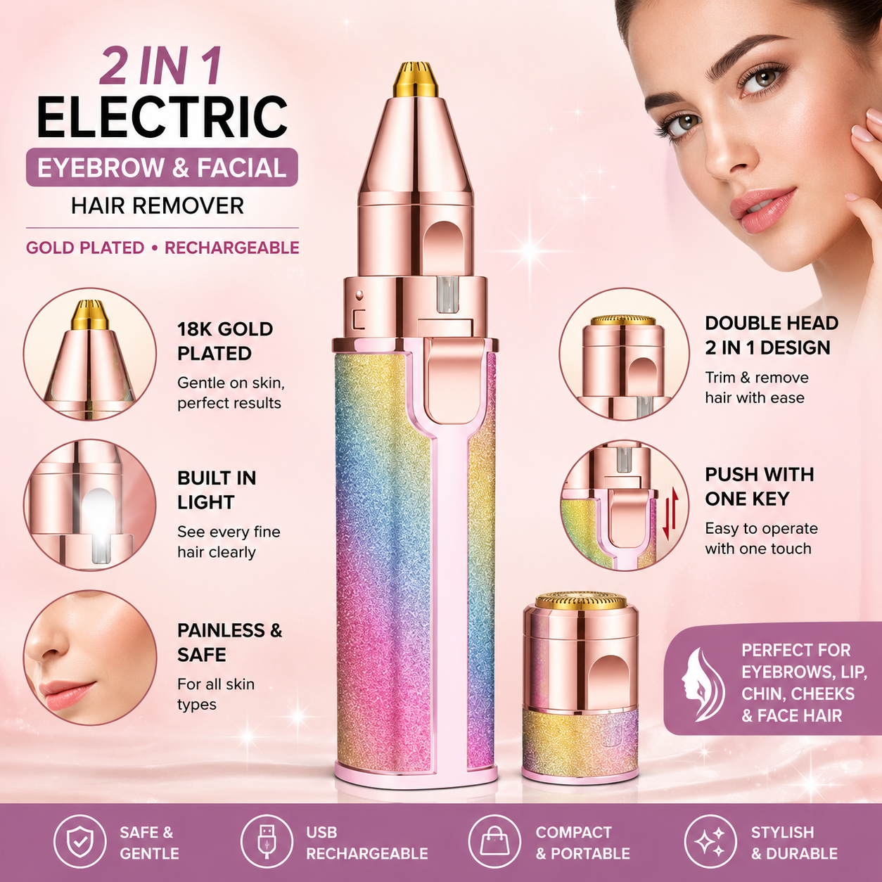 2-in-1 Rechargeable Facial Hair Remover & Eyebrow Trimmer for Women