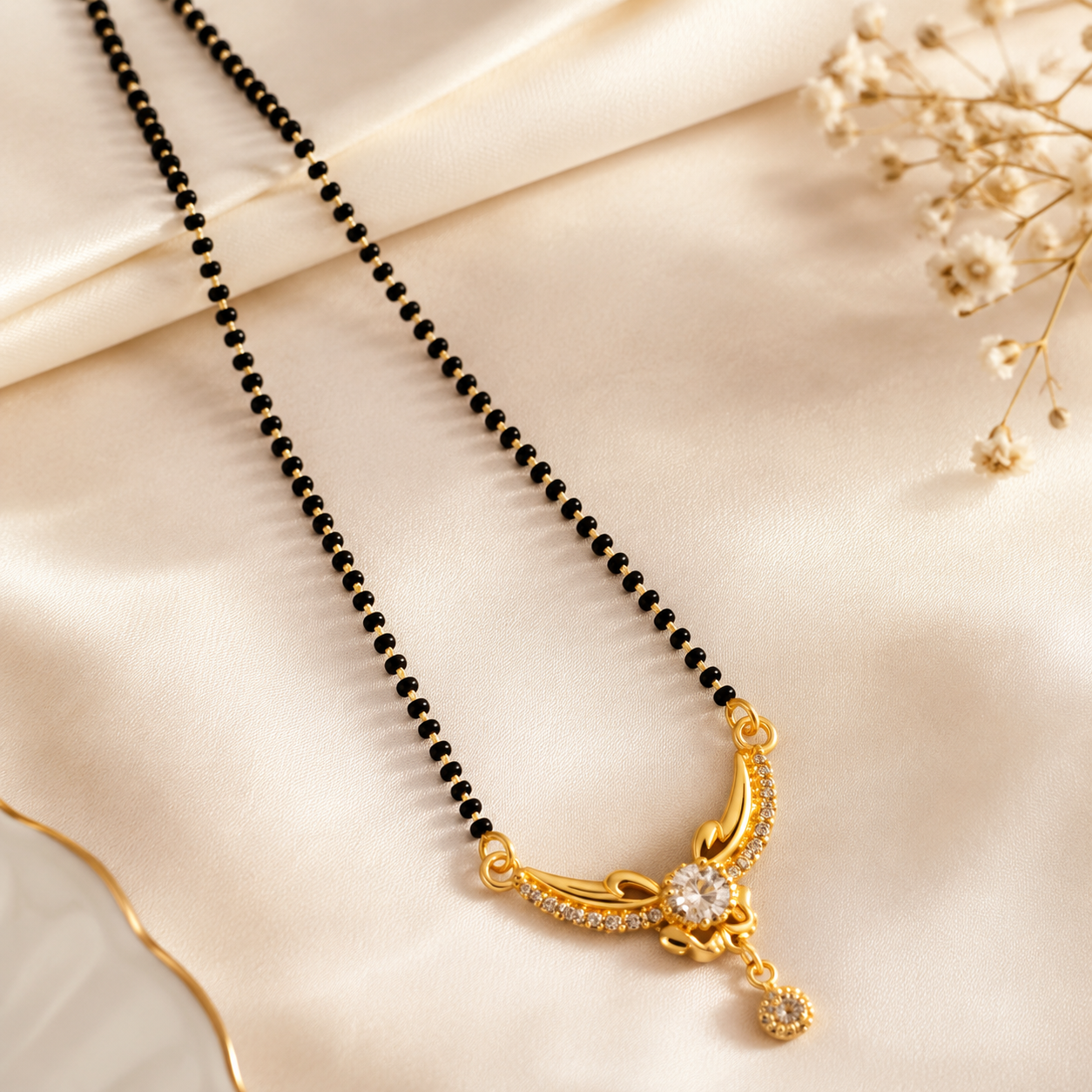 Women’s Gold-Plated American Diamond Mangalsutra | Elegant Black Beaded Chain