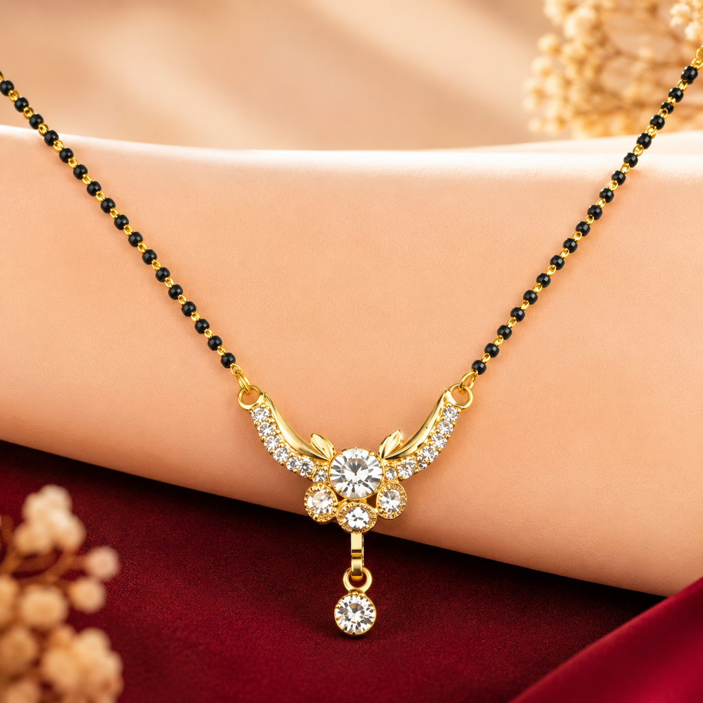 Women’s Gold-Plated American Diamond Mangalsutra | Elegant Black Beaded Chain