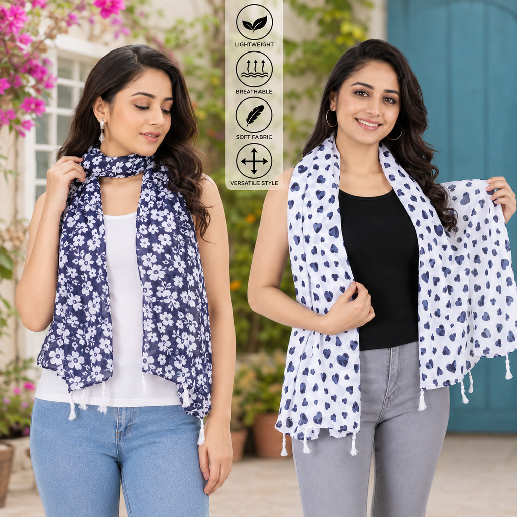 Women's Printed Soft Polyester Fashion Scarf | Lightweight Casual & Party Stole | Pack of 2