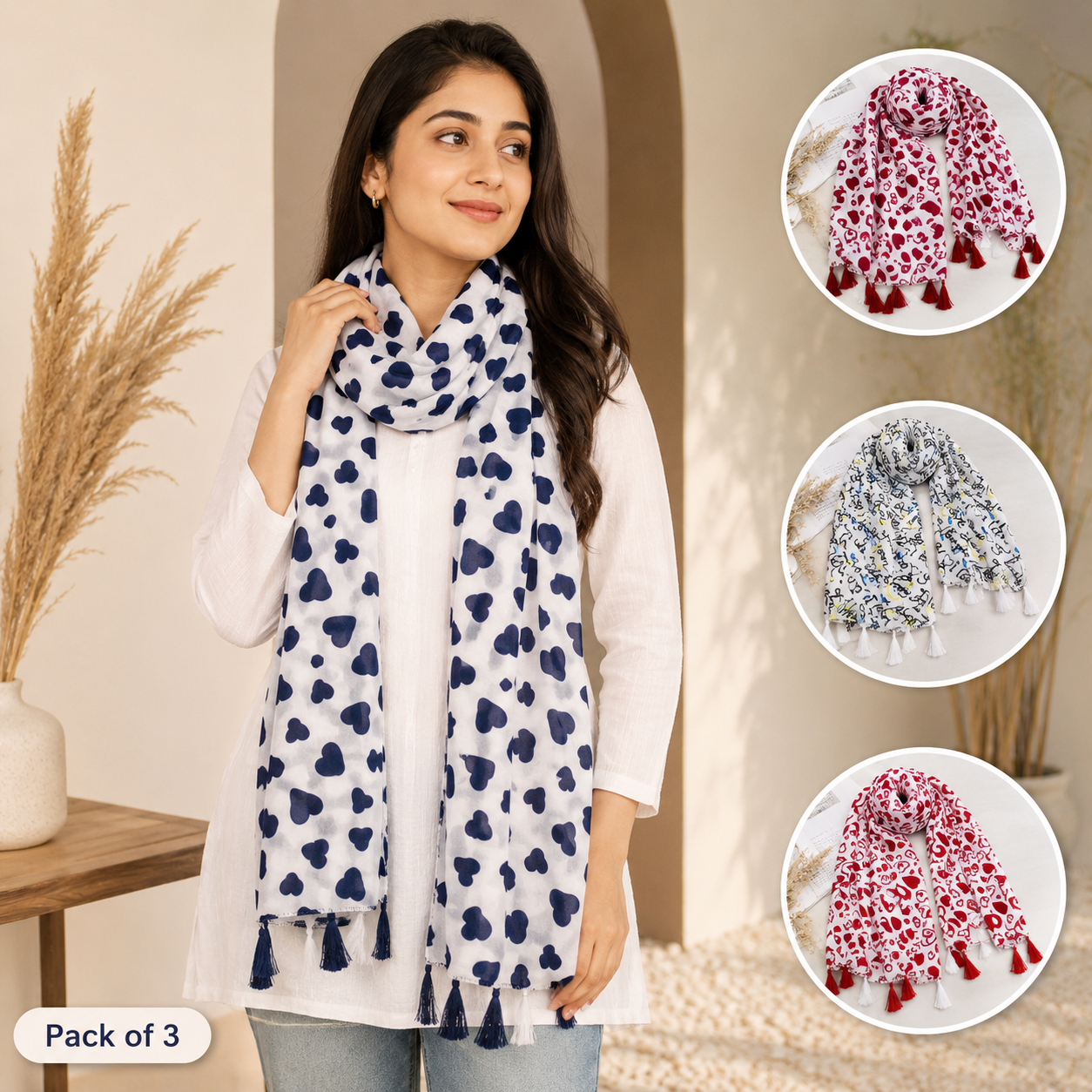 Women's Premium Printed Georgette Scarf with Tassels | Soft Lightweight Fashion Stole | Pack of 3