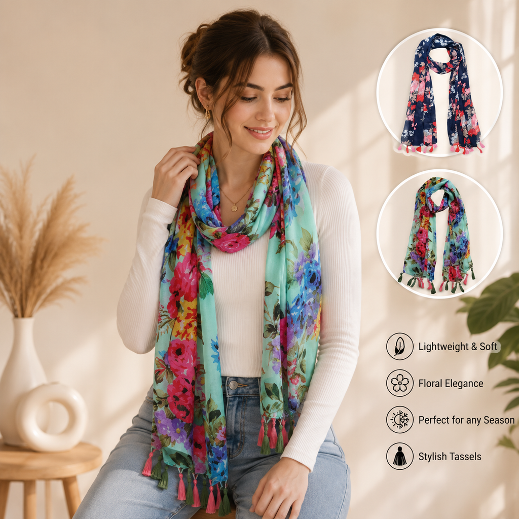 Women's Premium Printed Chiffon Scarf with Tassels | Soft Lightweight Fashion Stole | Pack of 2