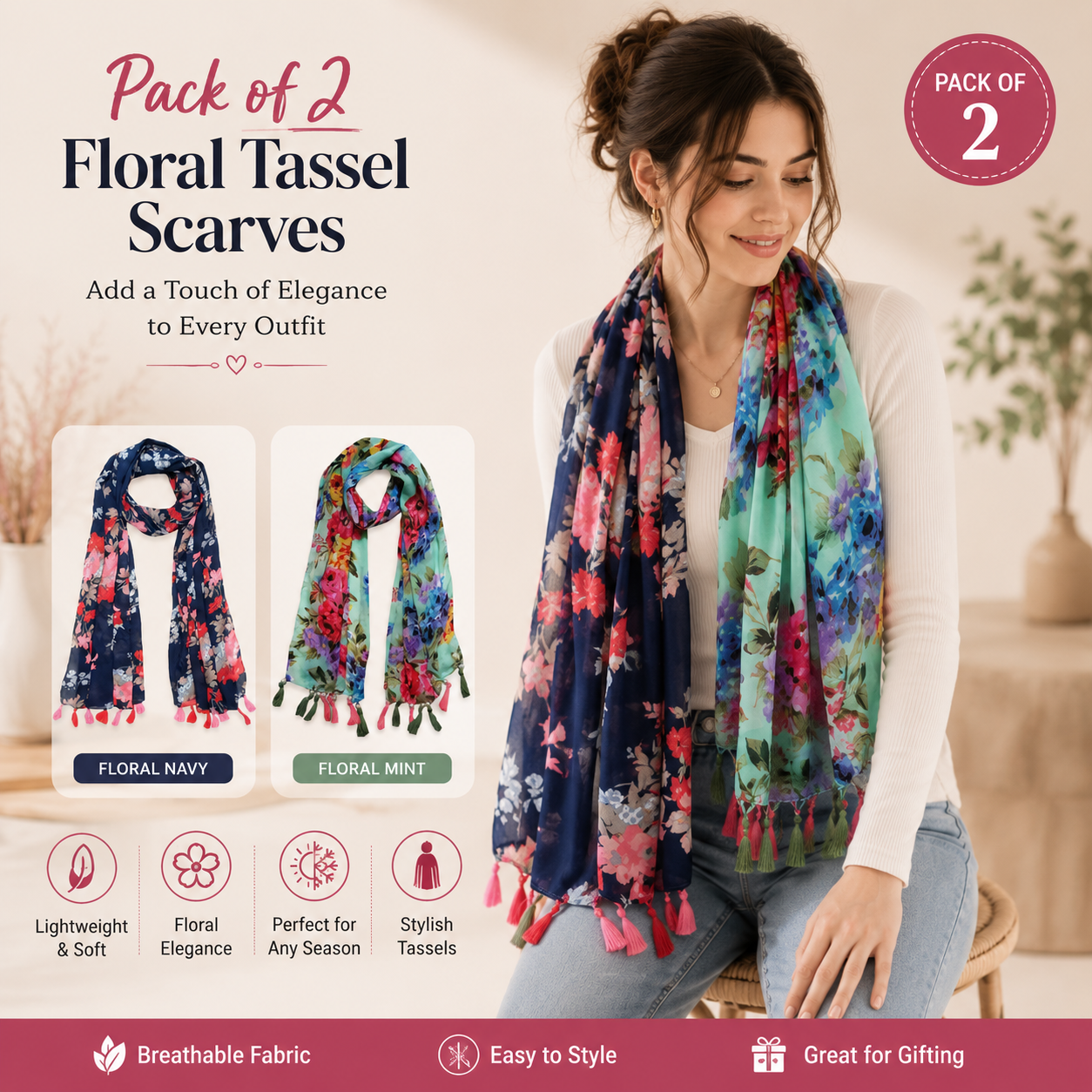 Women's Premium Printed Chiffon Scarf with Tassels | Soft Lightweight Fashion Stole | Pack of 2