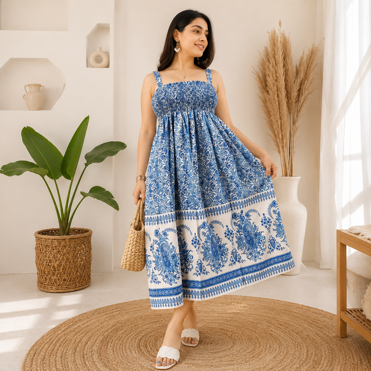 Women's Blue Cotton Retro Floral Fit & Flare Midi Dress
