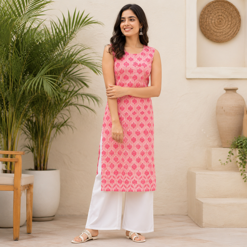Women's Peach Floral Printed Rayon Sleeveless Kurta with Palazzo & Dupatta Set