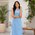 Women's Blue Sleeveless Rayon A-Line Printed Kurti | Casual Ethnic Wear