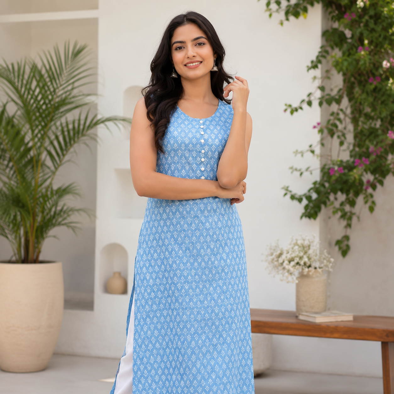 Women's Blue Sleeveless Rayon A-Line Printed Kurti | Casual Ethnic Wear