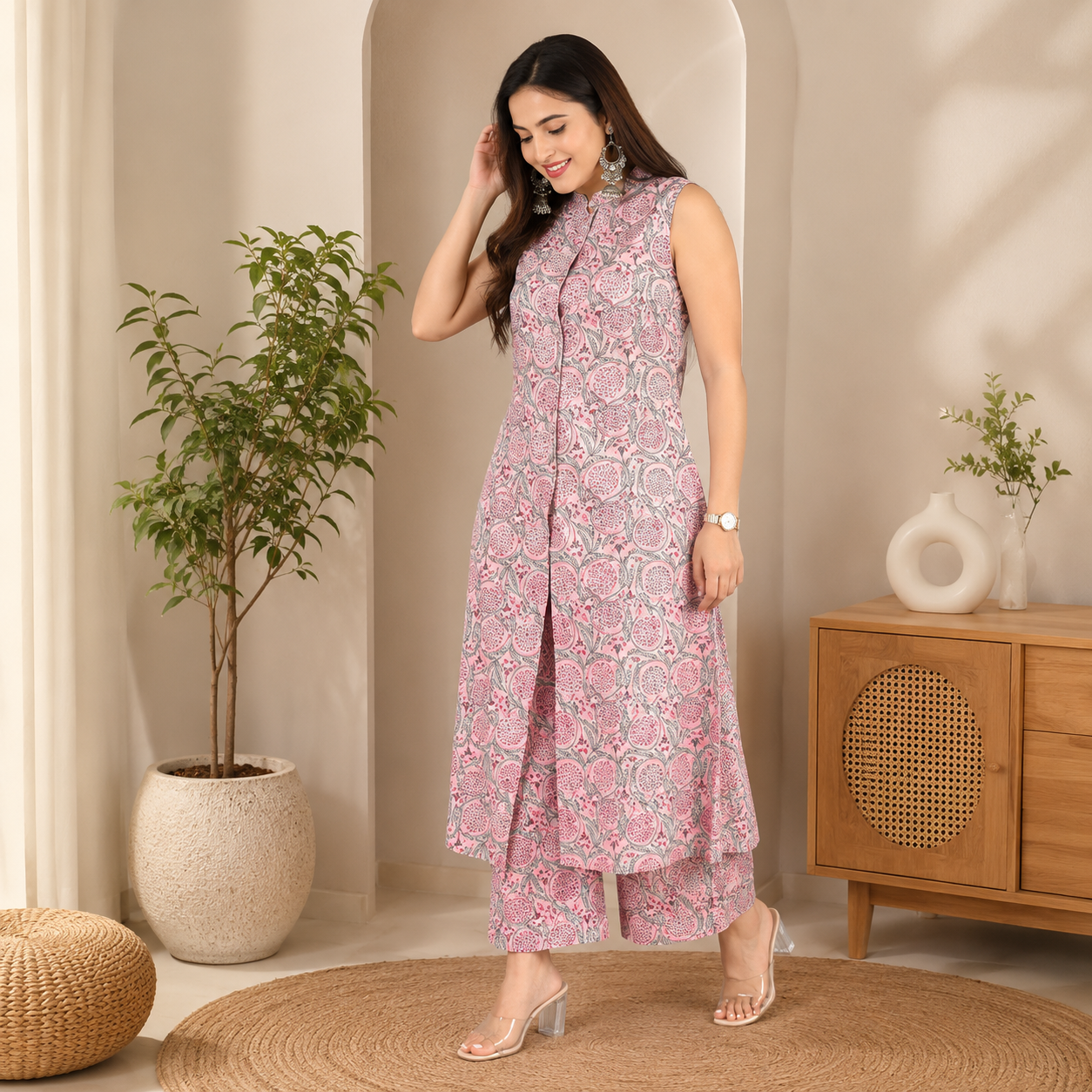 Women's Pink Floral Printed Rayon Sleeveless Kurta Palazzo Set | Casual & Summer Wear