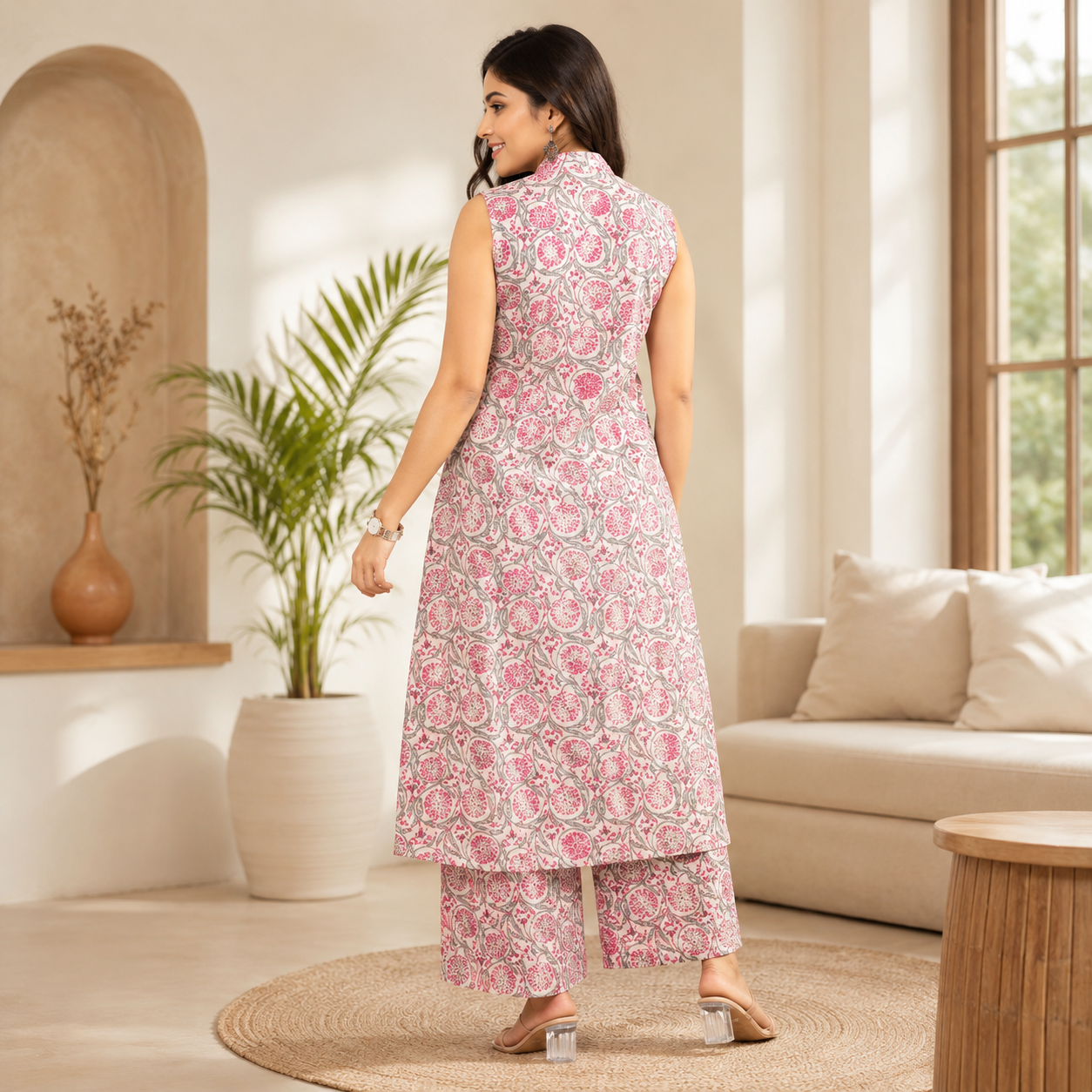 Women's Pink Floral Printed Rayon Sleeveless Kurta Palazzo Set | Casual & Summer Wear