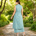 Women's Aqua Blue Rayon Printed Kurta with Palazzo Set | Sleeveless Ethnic Co-Ord Set