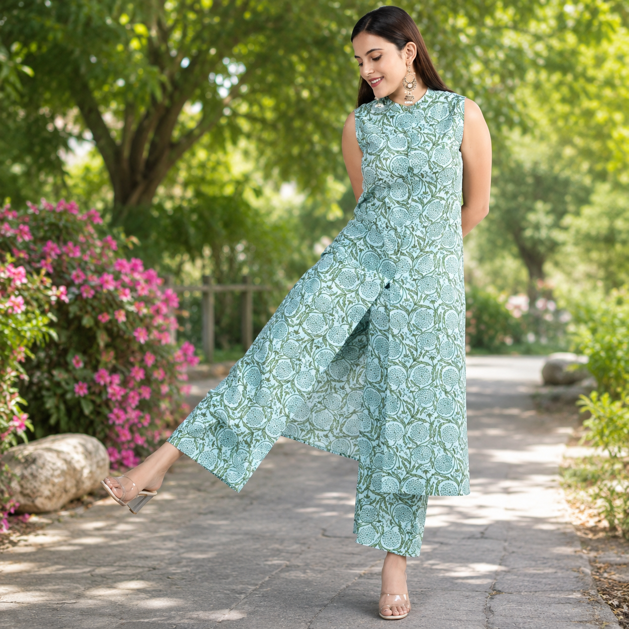 Women's Aqua Blue Rayon Printed Kurta with Palazzo Set | Sleeveless Ethnic Co-Ord Set