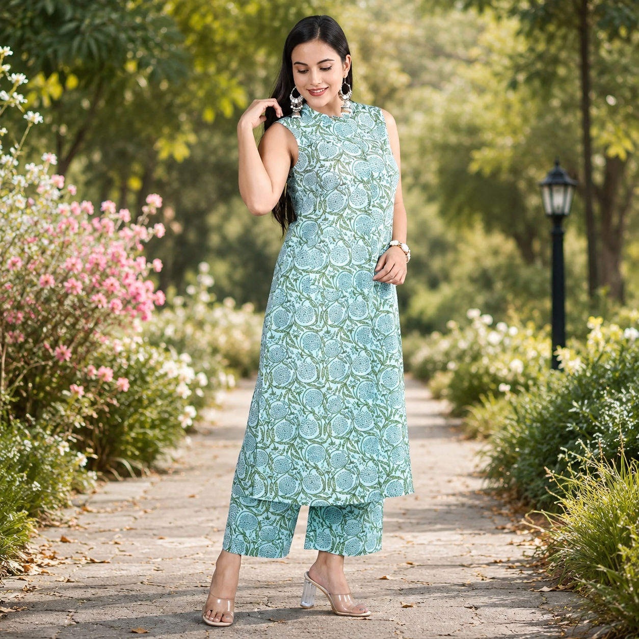 Women's Aqua Blue Rayon Printed Kurta with Palazzo Set | Sleeveless Ethnic Co-Ord Set