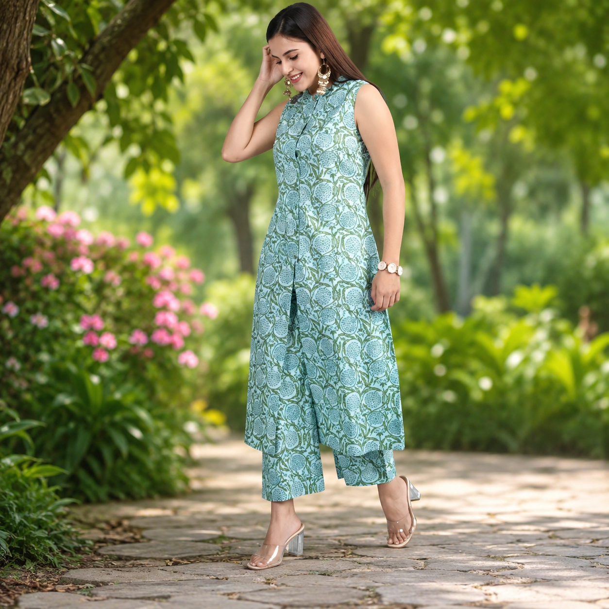 Women's Aqua Blue Rayon Printed Kurta with Palazzo Set | Sleeveless Ethnic Co-Ord Set