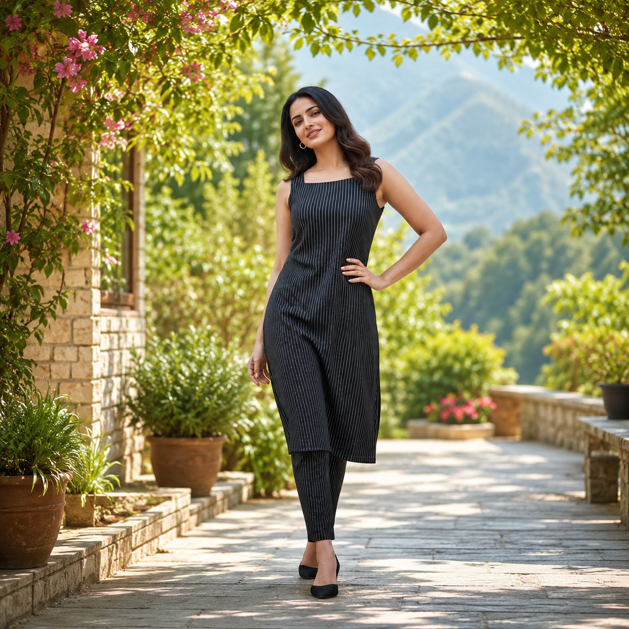 Women's Stylish Black Sleeveless Kurti with Pant Set | Cotton Blend Ethnic Co-Ord Set