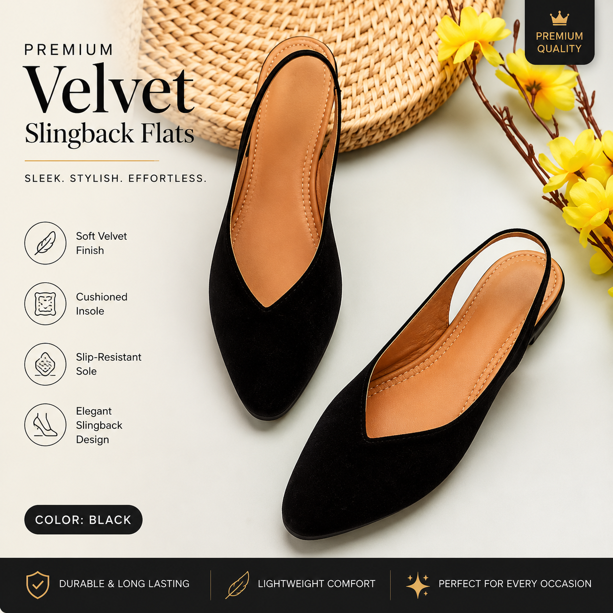 Women's Black Velvet Ballerina Flats | Comfortable Slip-On Casual Shoes