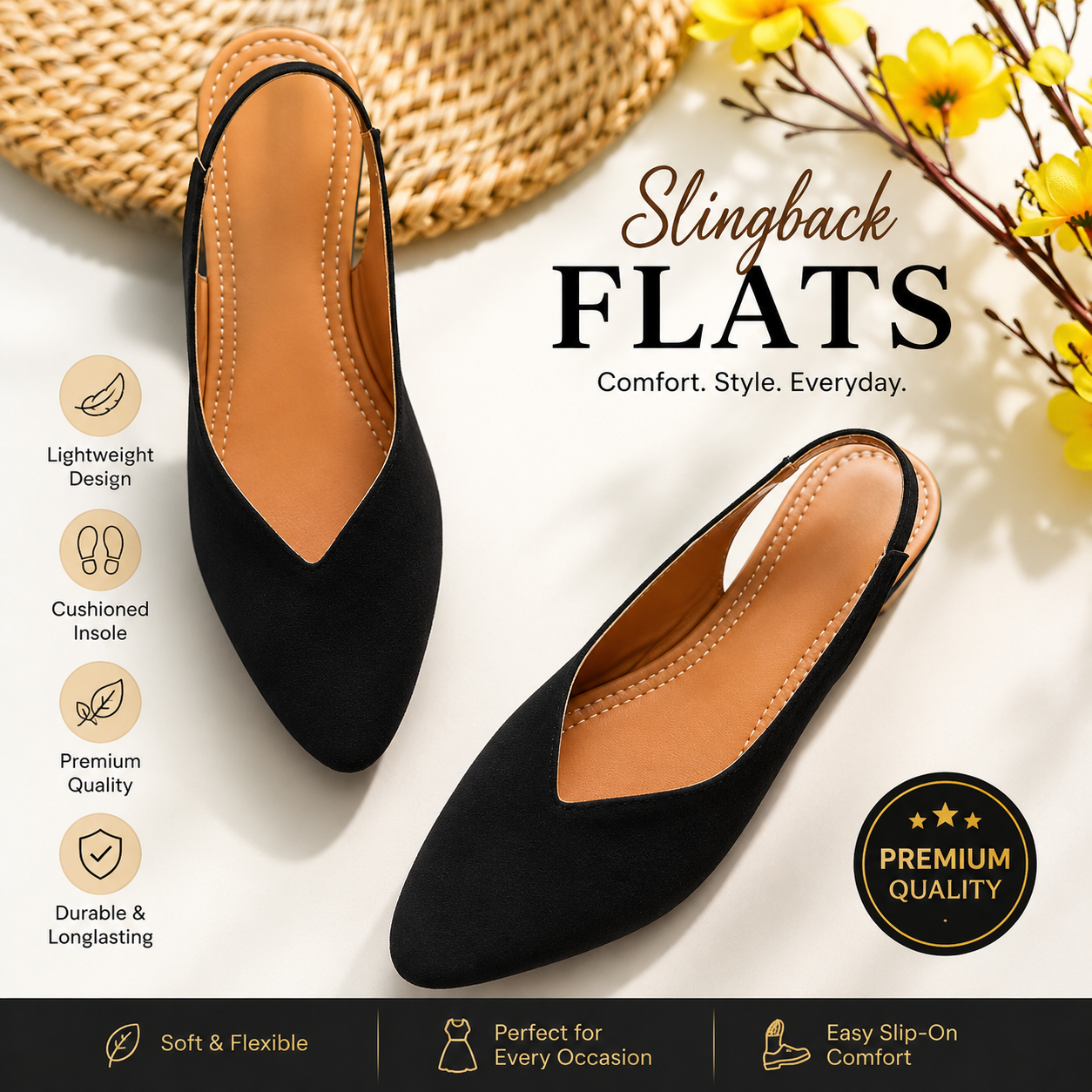Women's Black Velvet Ballerina Flats | Comfortable Slip-On Casual Shoes