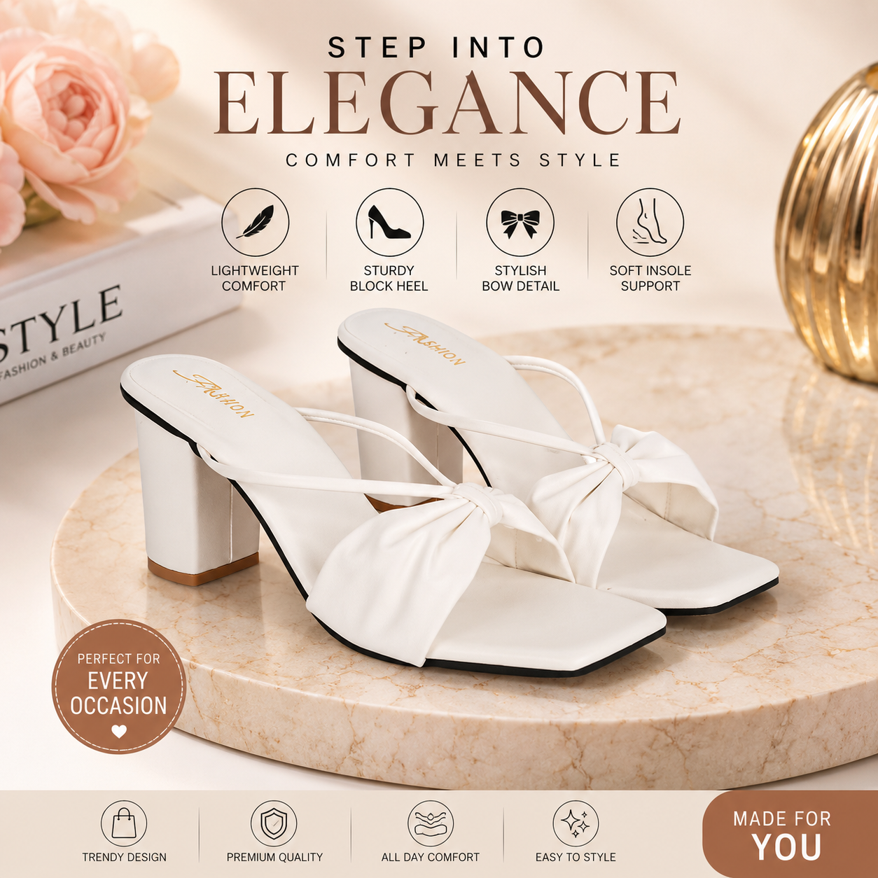 Women's Stylish White Block Heel Sandals | Comfortable Casual & Party Wear