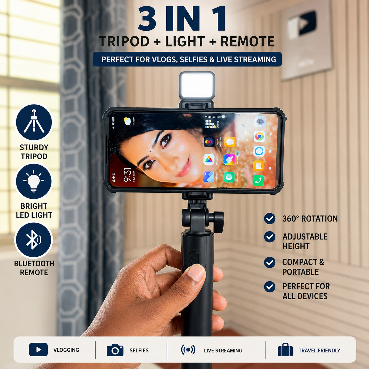 3-in-1 Bluetooth Selfie Stick Tripod | 68cm Extendable Phone Stand