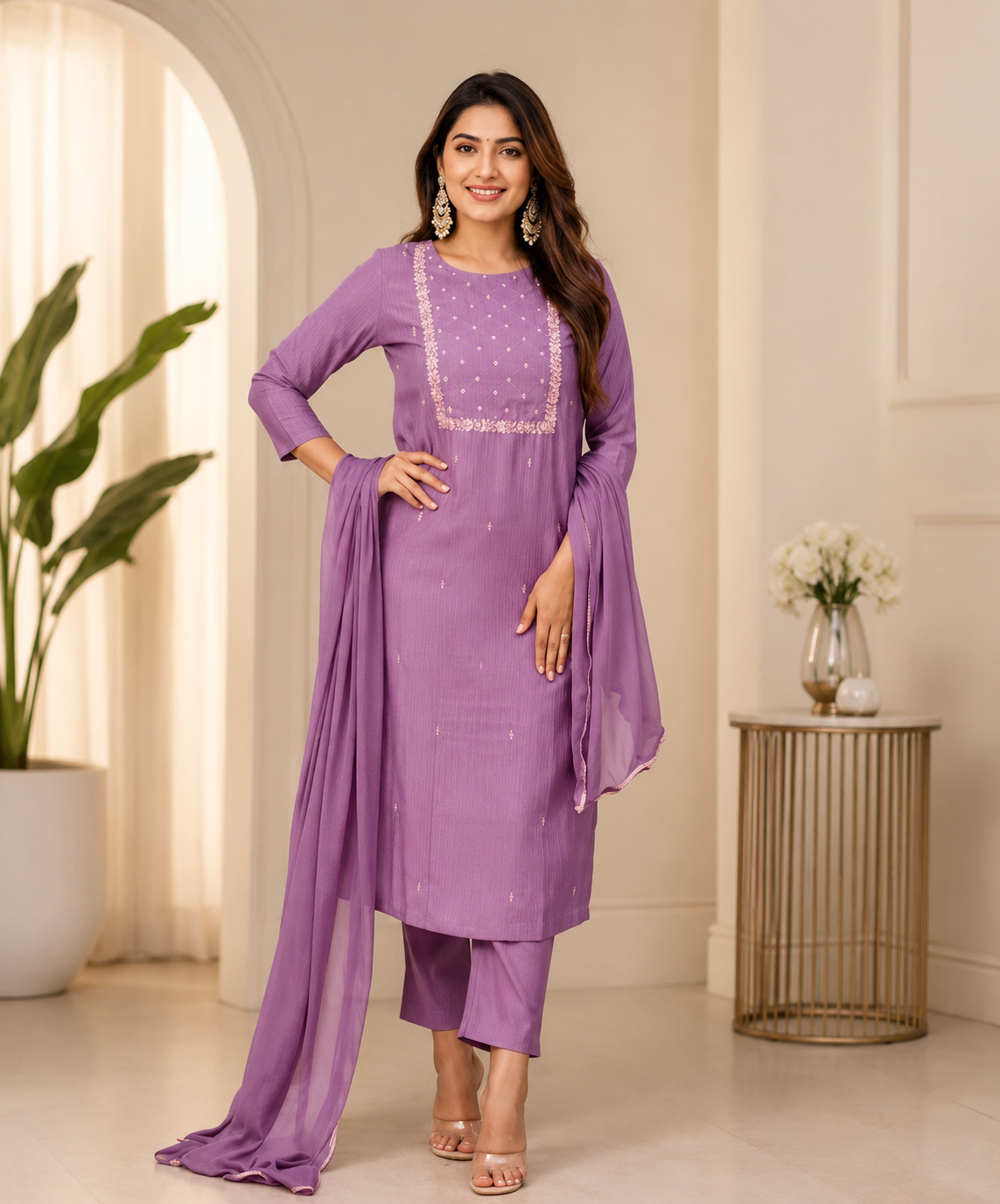 Women's Embroidered Lavender Kurti Set with Matching Pant & Dupatta