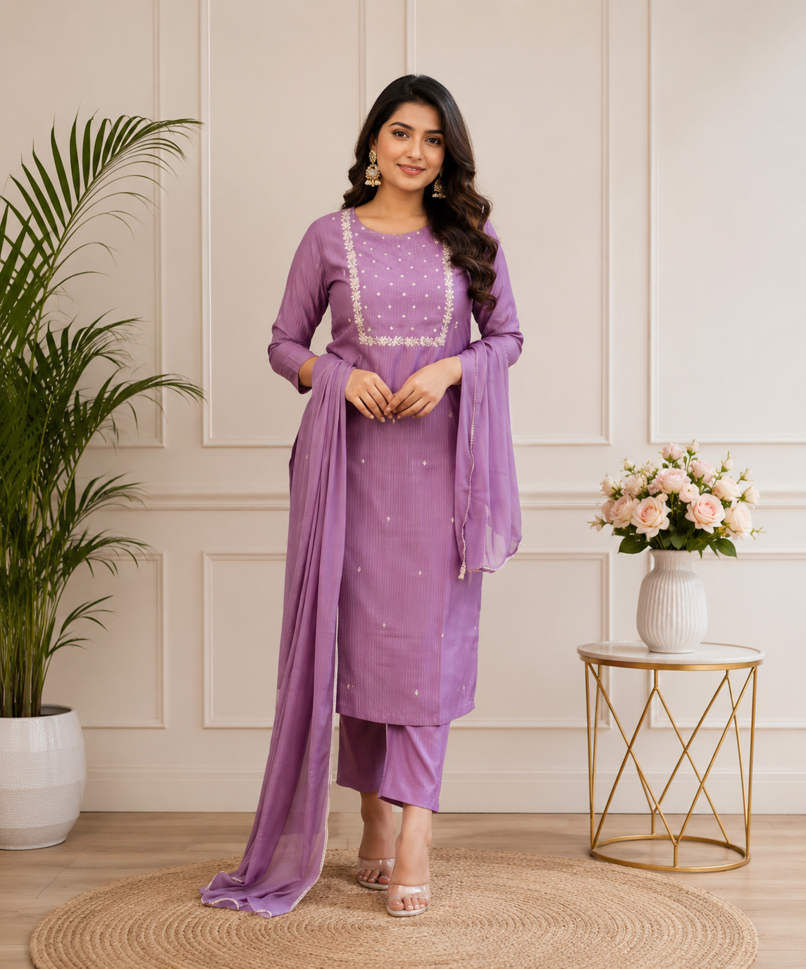 Women's Embroidered Lavender Kurti Set with Matching Pant & Dupatta