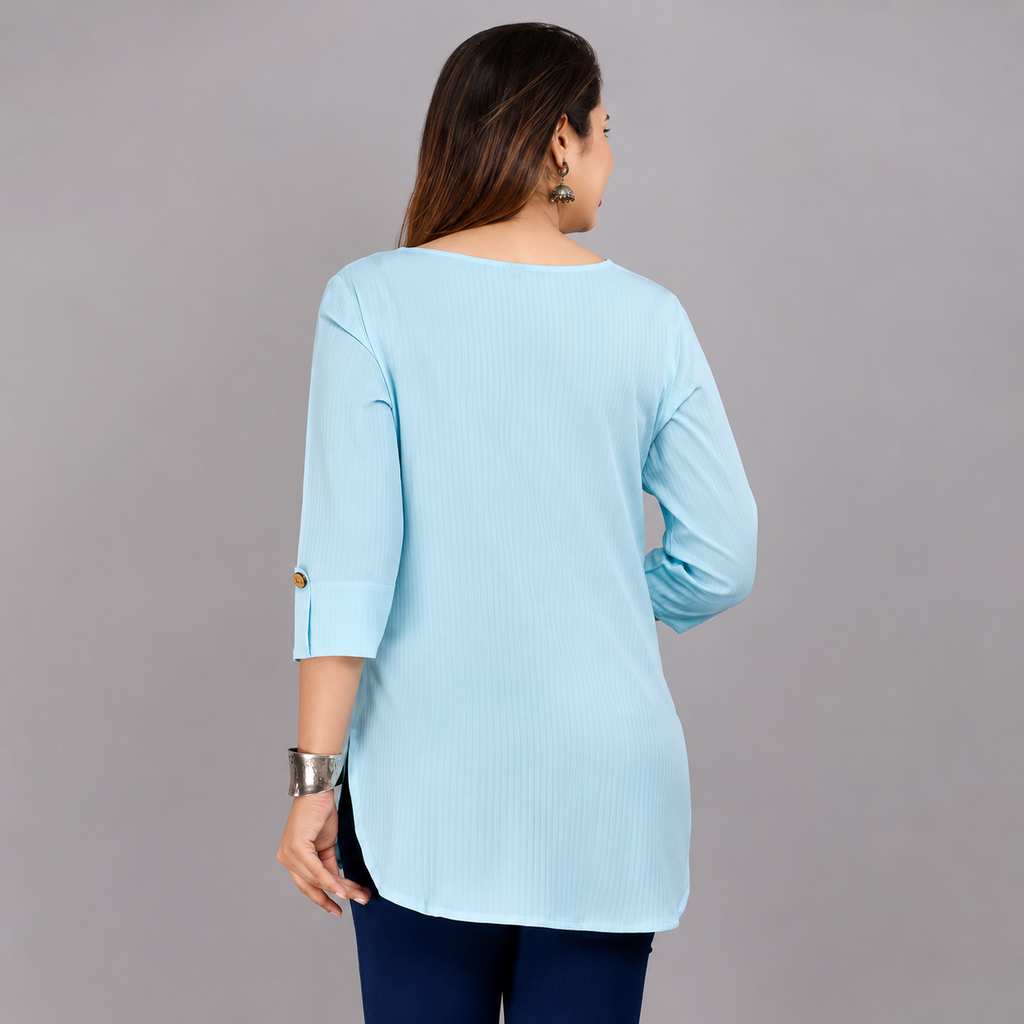 Women's Sky Blue Rayon Casual Tunic Top | 3/4 Sleeve Regular Fit