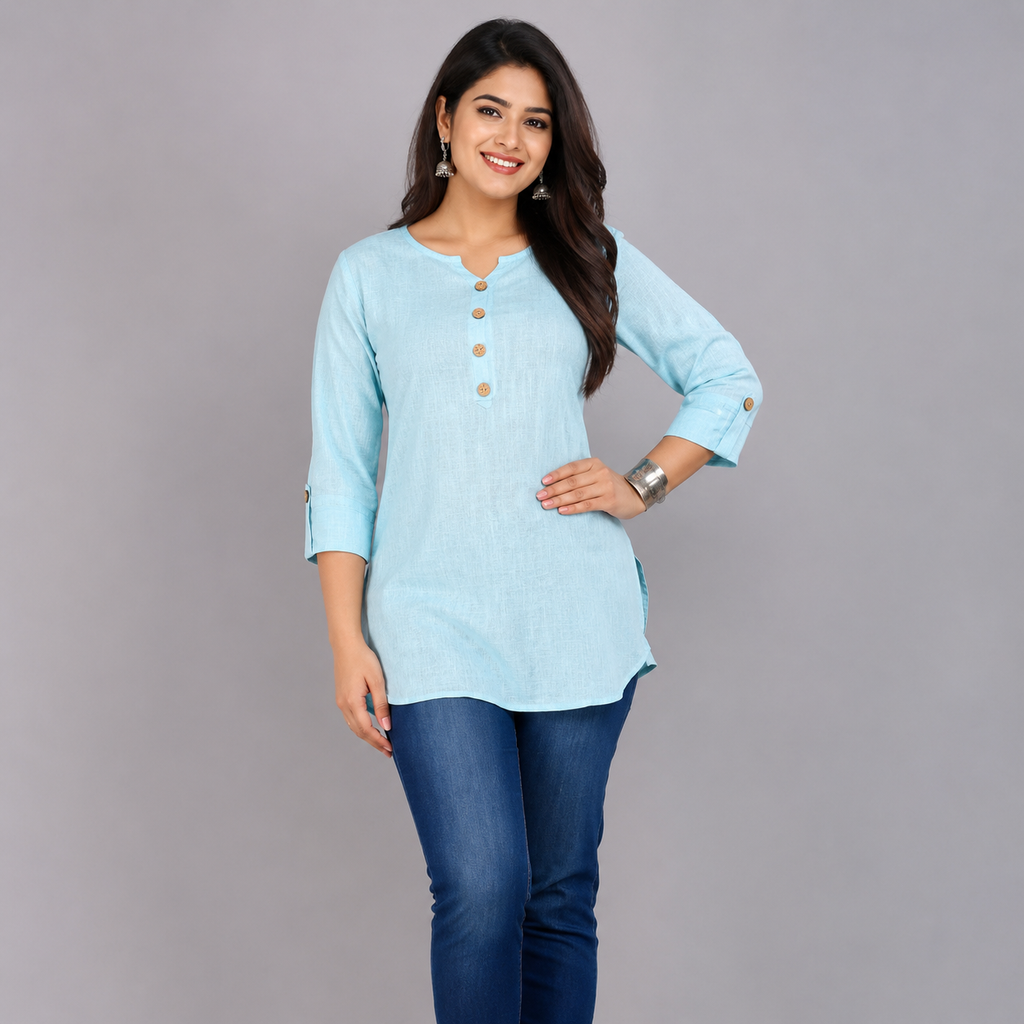 Women's Sky Blue Rayon Casual Tunic Top | 3/4 Sleeve Regular Fit