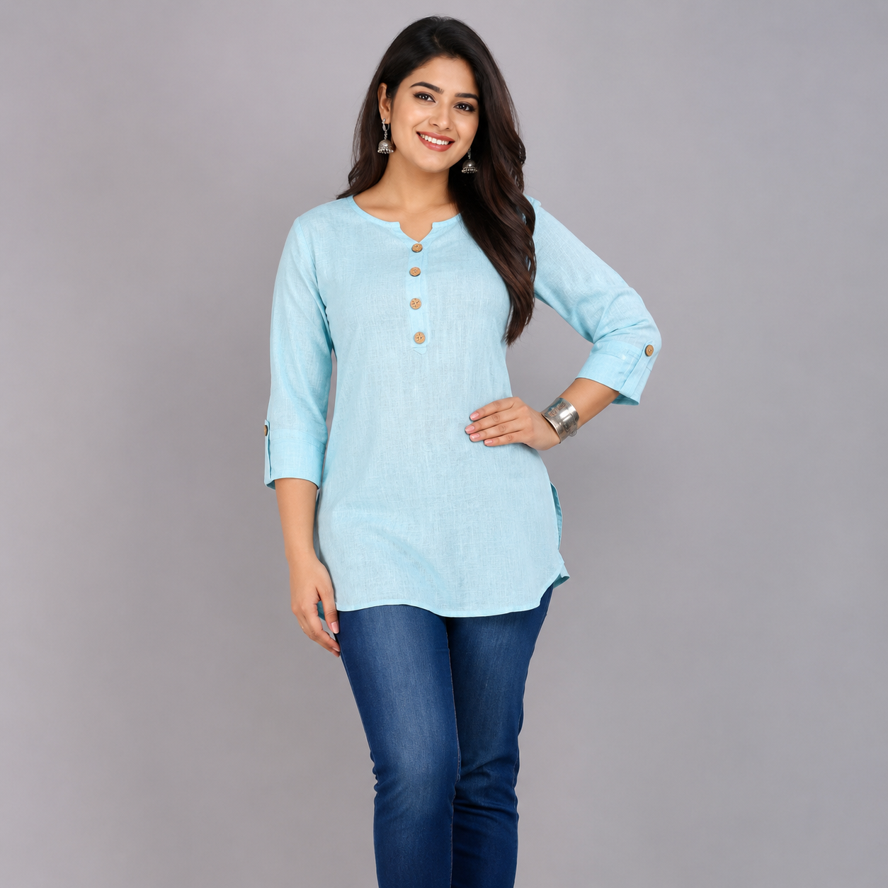 Women's Sky Blue Rayon Casual Tunic Top | 3/4 Sleeve Regular Fit