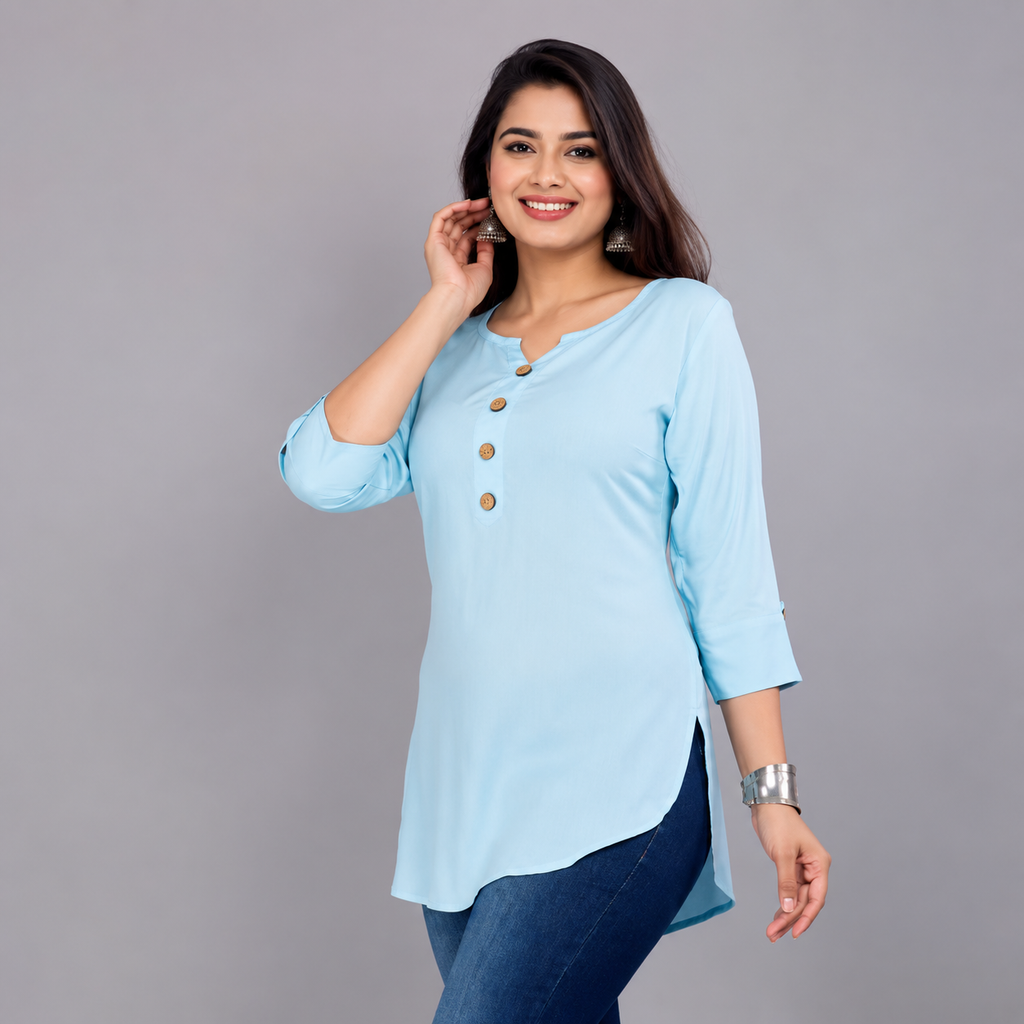 Women's Sky Blue Rayon Casual Tunic Top | 3/4 Sleeve Regular Fit