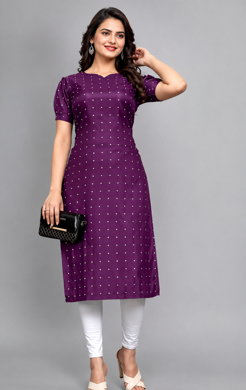 Women's Purple Satin Printed A-Line Kurti | Casual & Office Wear
