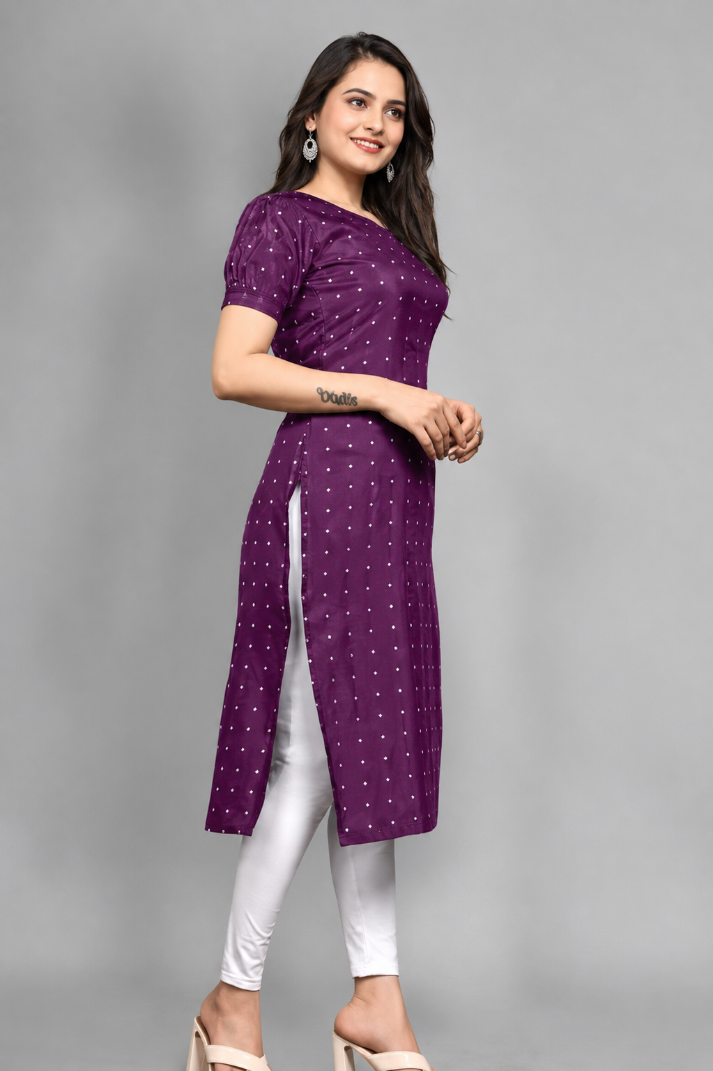 Women's Purple Satin Printed A-Line Kurti | Casual & Office Wear