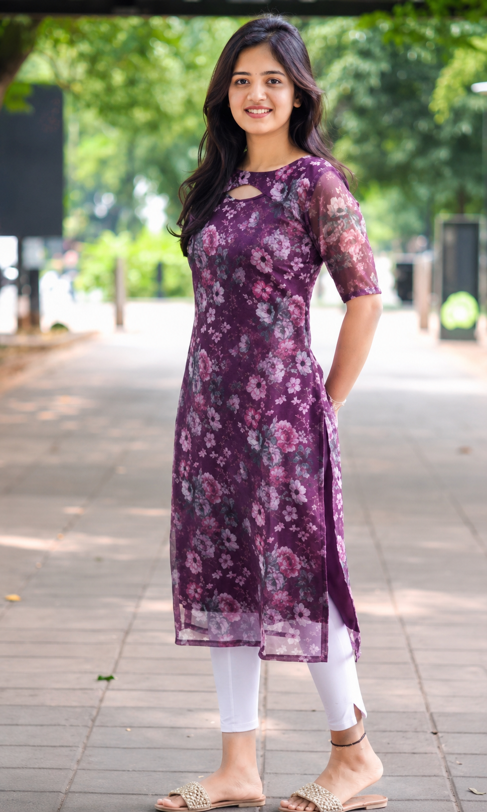 Women's Purple Floral Organza A-Line Kurti | Elegant Casual & Party Wear