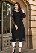 Women's Black Embroidered Net Straight Kurti | Elegant Casual & Party Wear