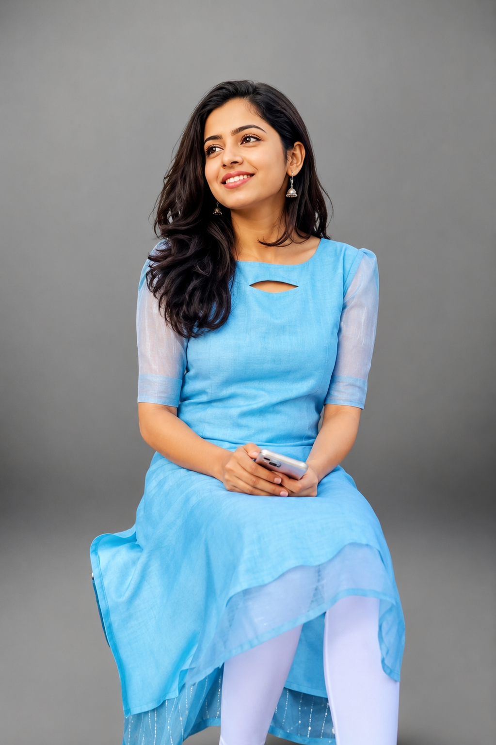 Women's Sky Blue Organza A-Line Embroidered Sequin Kurti