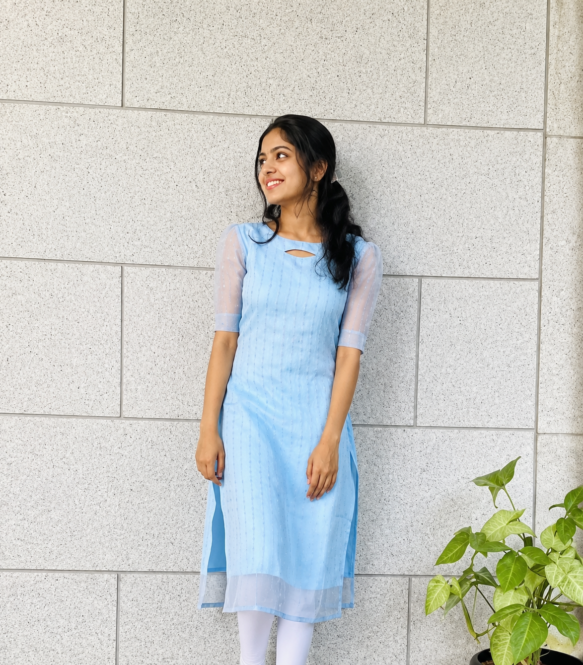 Women's Sky Blue Organza A-Line Embroidered Sequin Kurti