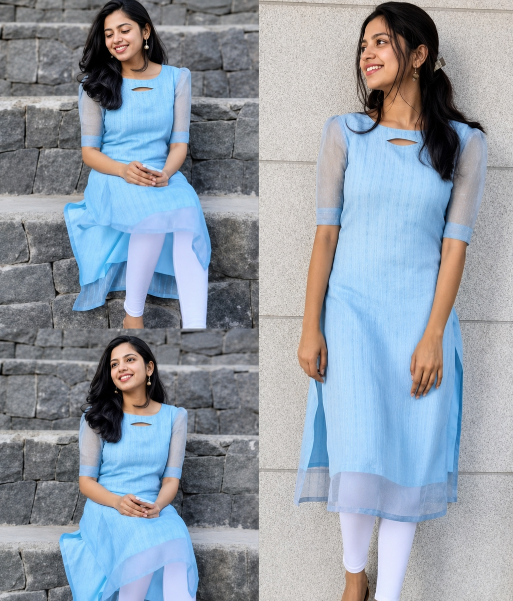 Women's Sky Blue Organza A-Line Embroidered Sequin Kurti