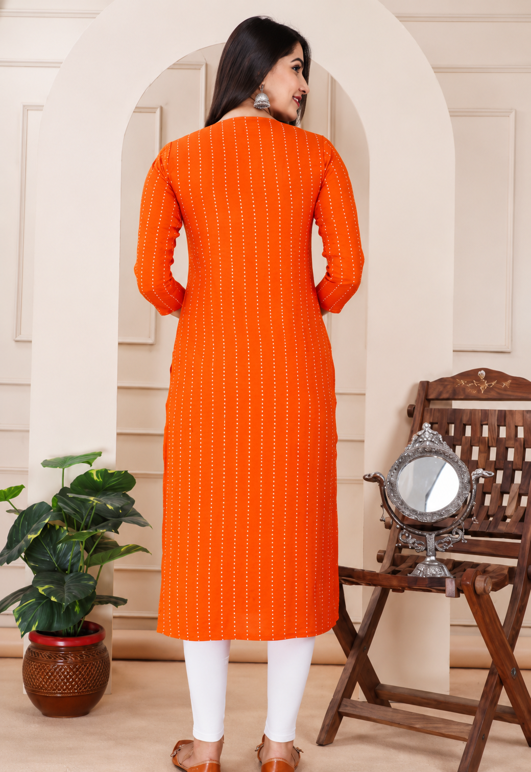 Women's Orange Embroidered Rayon Straight Kurti | 3/4 Sleeve Casual & Festive Wear