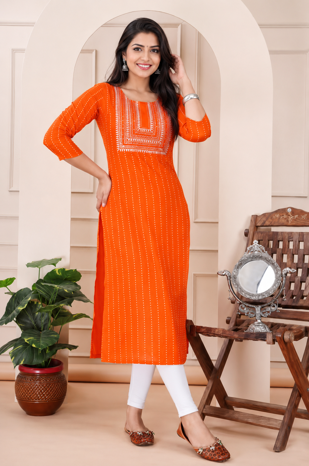 Women's Orange Embroidered Rayon Straight Kurti | 3/4 Sleeve Casual & Festive Wear
