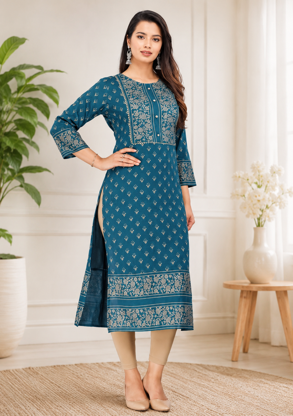 Women's Aqua Blue Printed Rayon A-Line Kurti