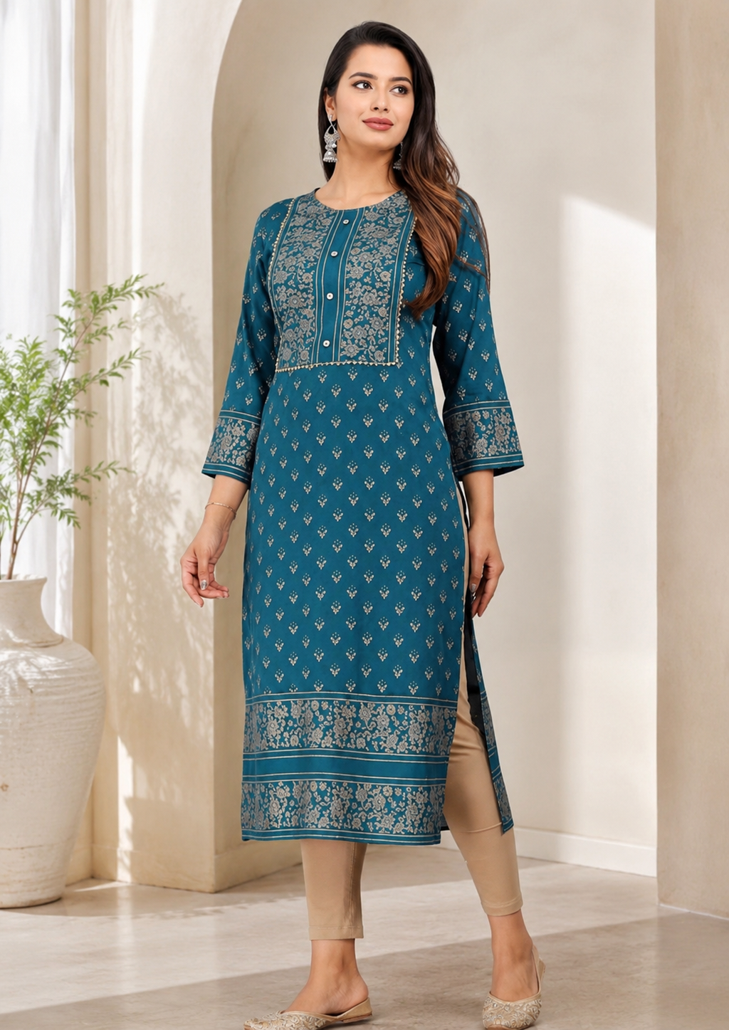 Women's Aqua Blue Printed Rayon A-Line Kurti